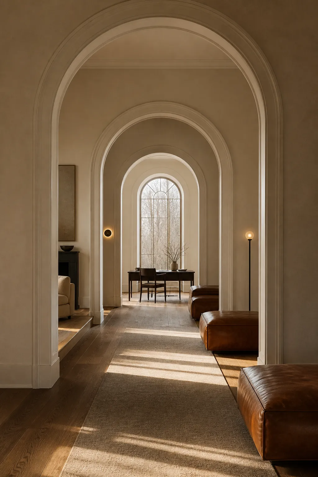 Layered hallway arches finished in soft beige and warm neutral tones