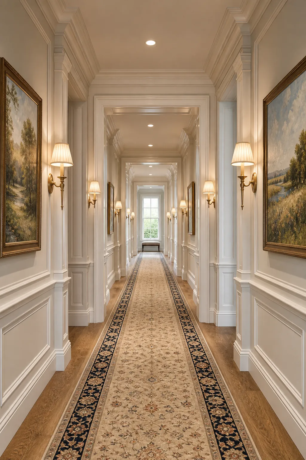 Timeless paneled hallway finished with a long patterned floor runner