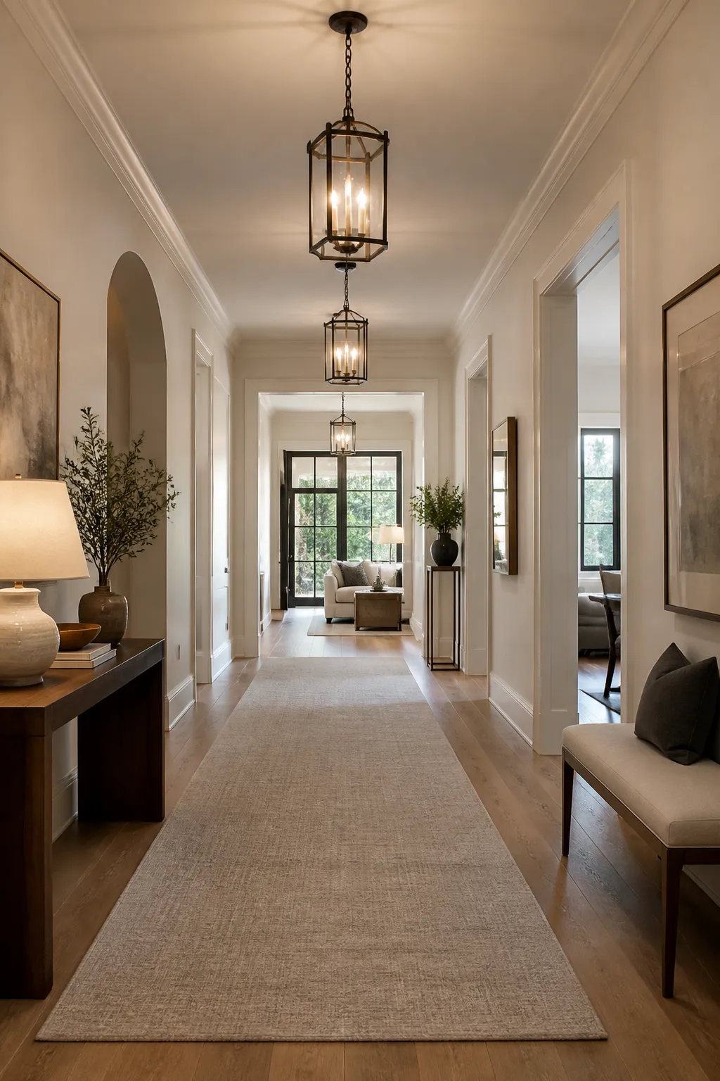 Bright modern hallway with clean lines, pale finishes, and abundant daylight