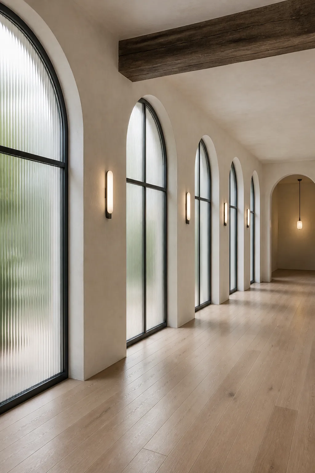 Serene hallway centered on tall arched windows filled with soft daylight