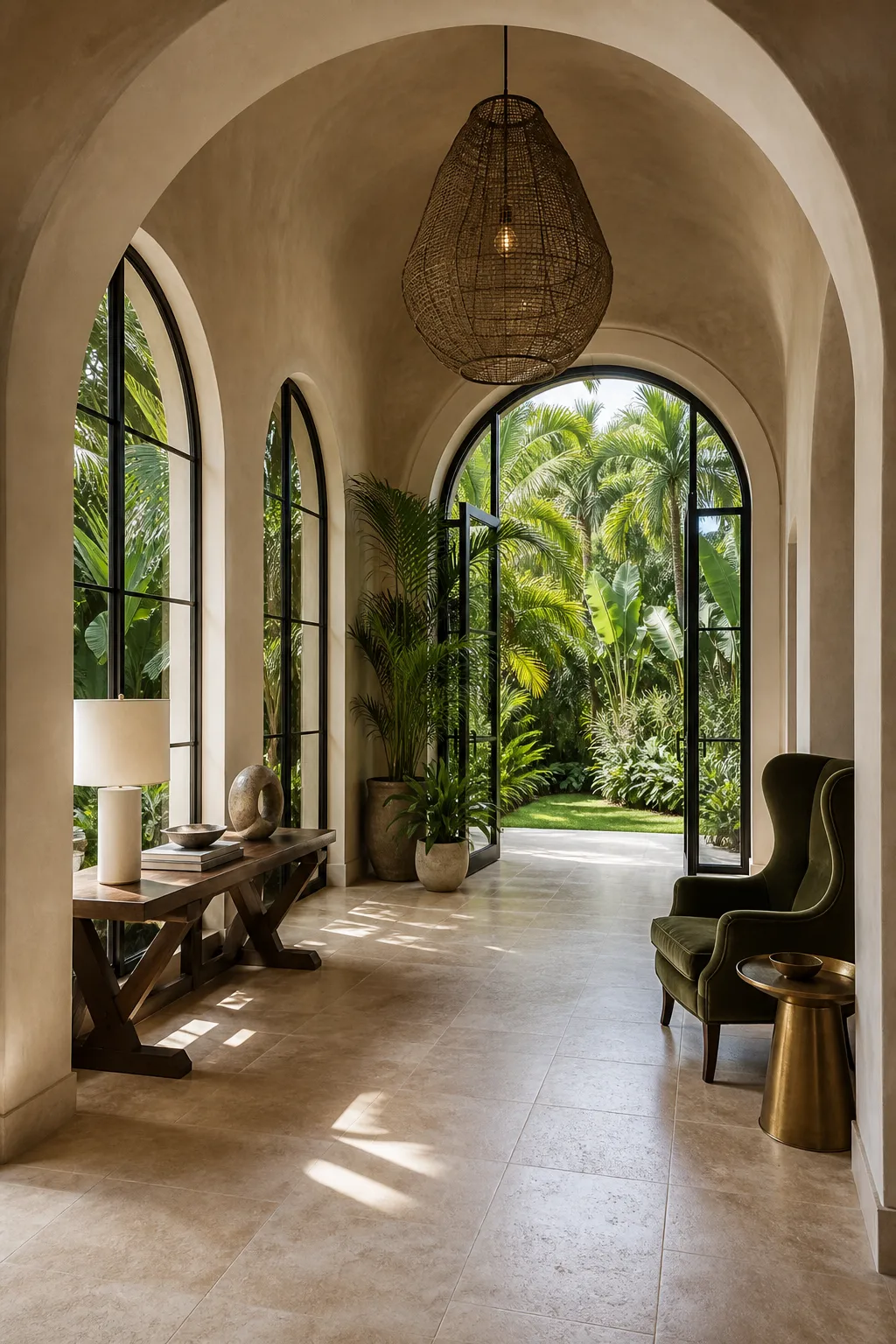 Sunlit arched hallway decorated with lush tropical plants in natural planters