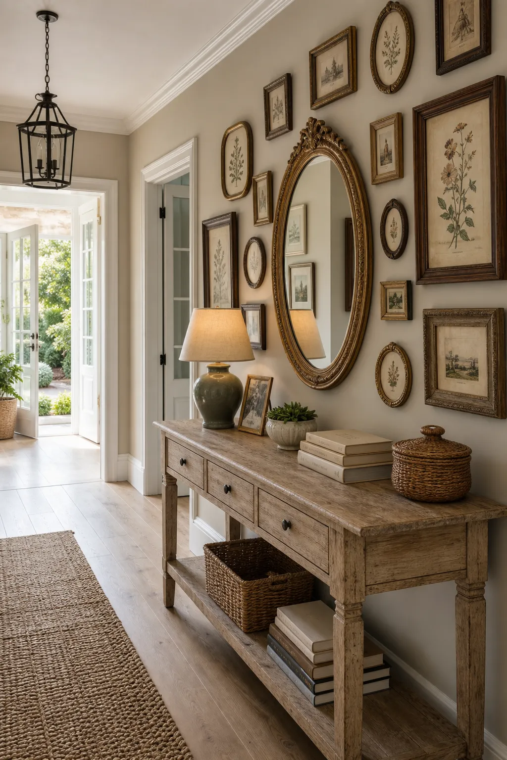 Entry hallway gallery arranged with an eclectic collection of vintage artwork