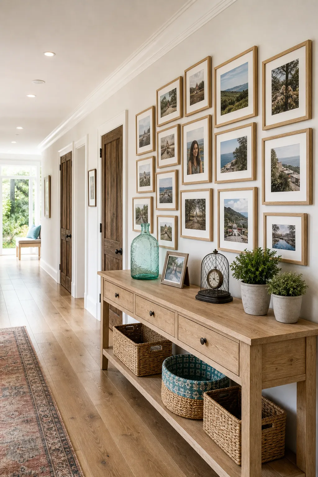 Warm hallway gallery wall positioned above a narrow wood console table