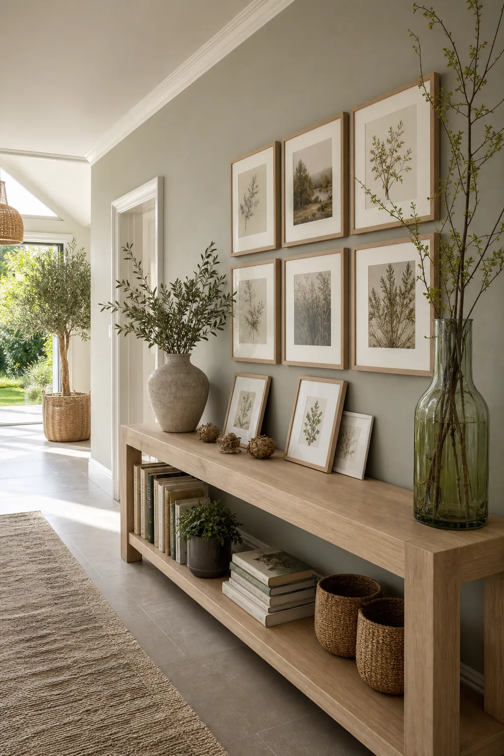 Hallway console styled with framed botanical artwork and fresh green foliage