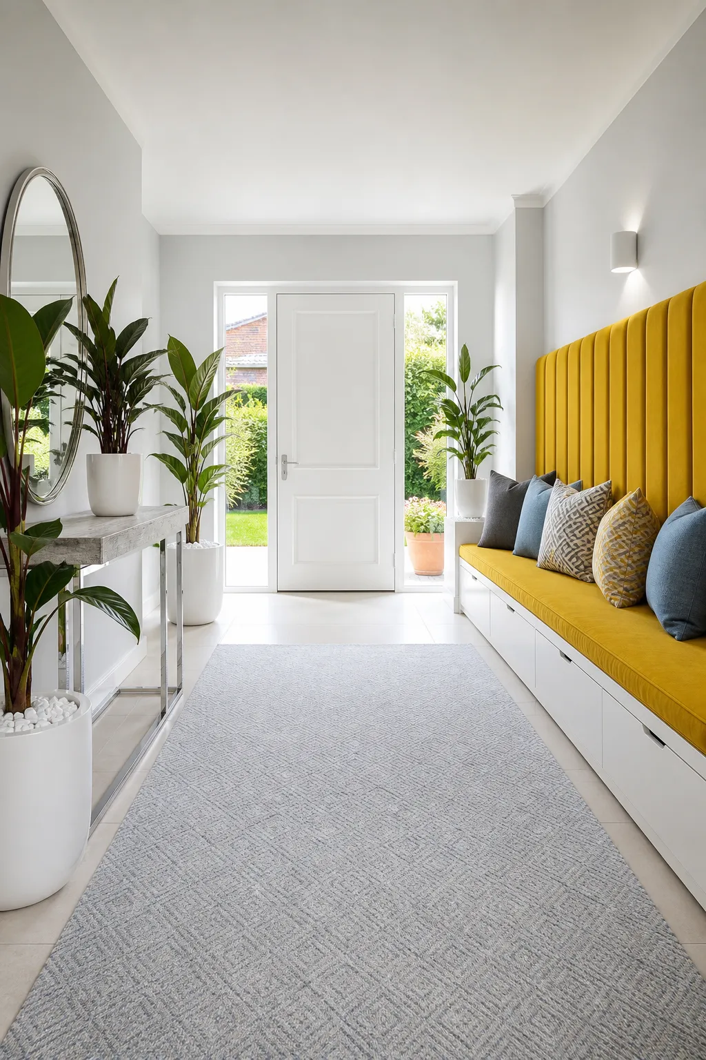 Cheerful hallway featuring a sunny yellow built-in bench with storage