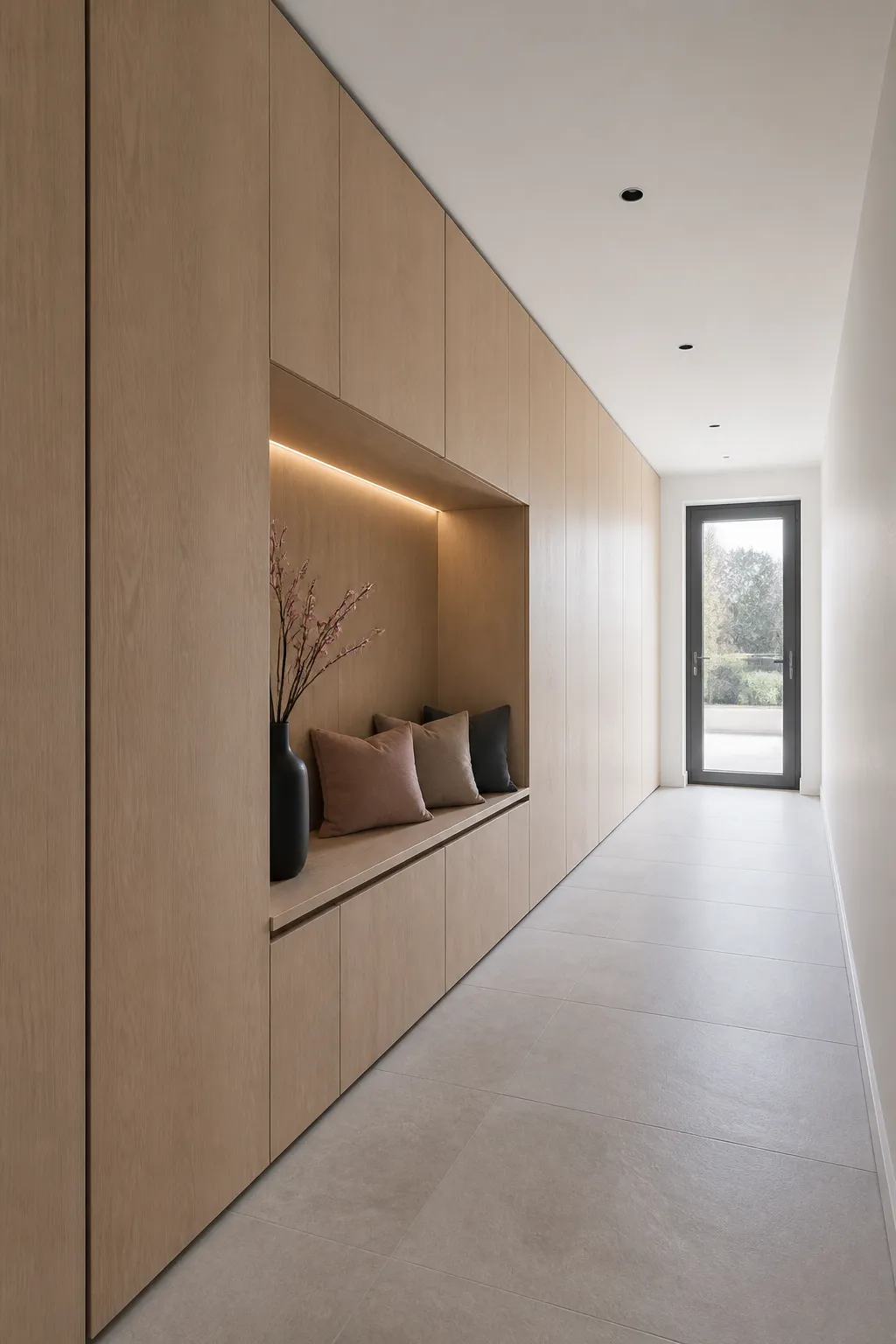 Modern hallway with floor-to-ceiling seamless oak storage cabinets