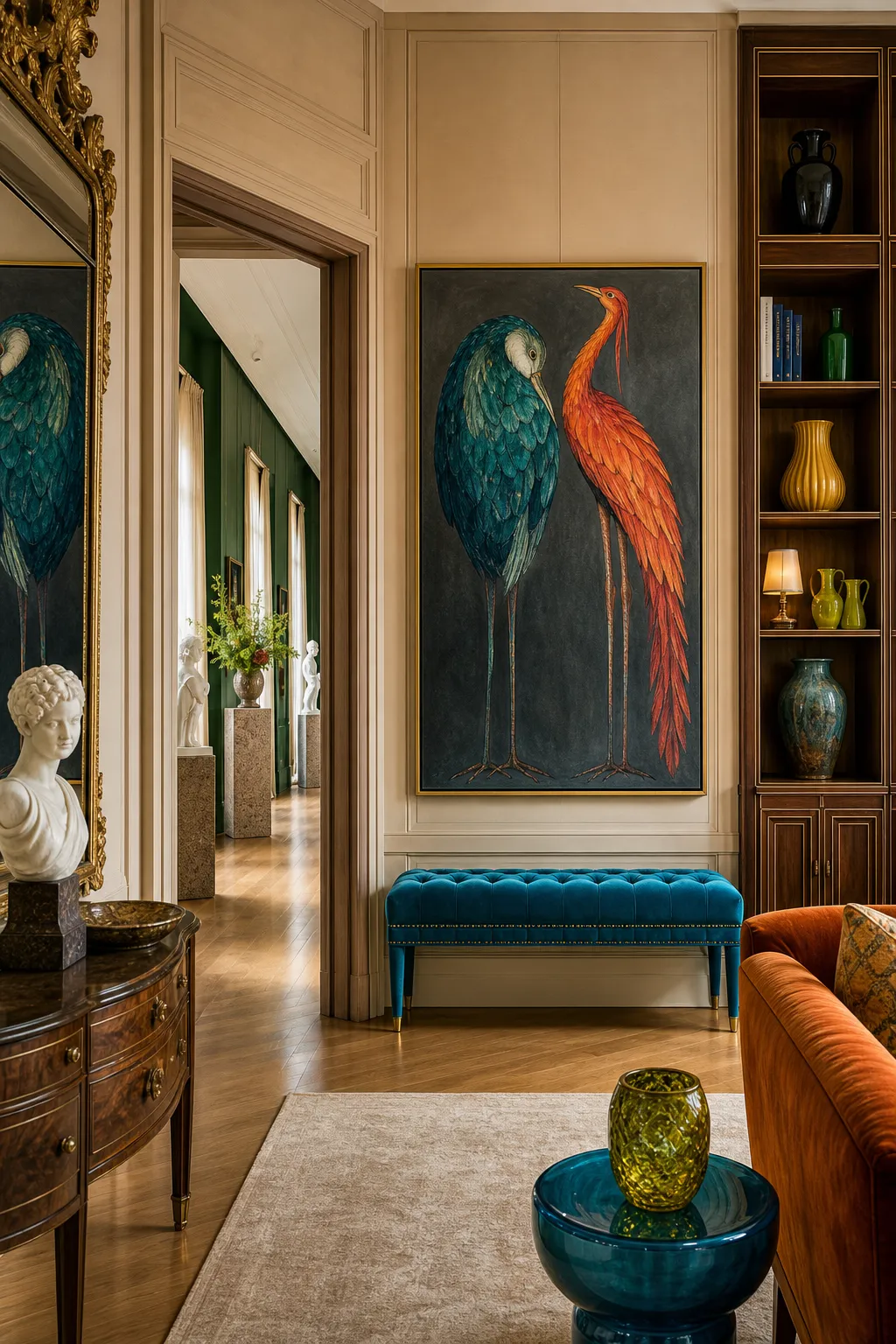 Neutral hallway energized by bold artwork and rich jewel-toned accents