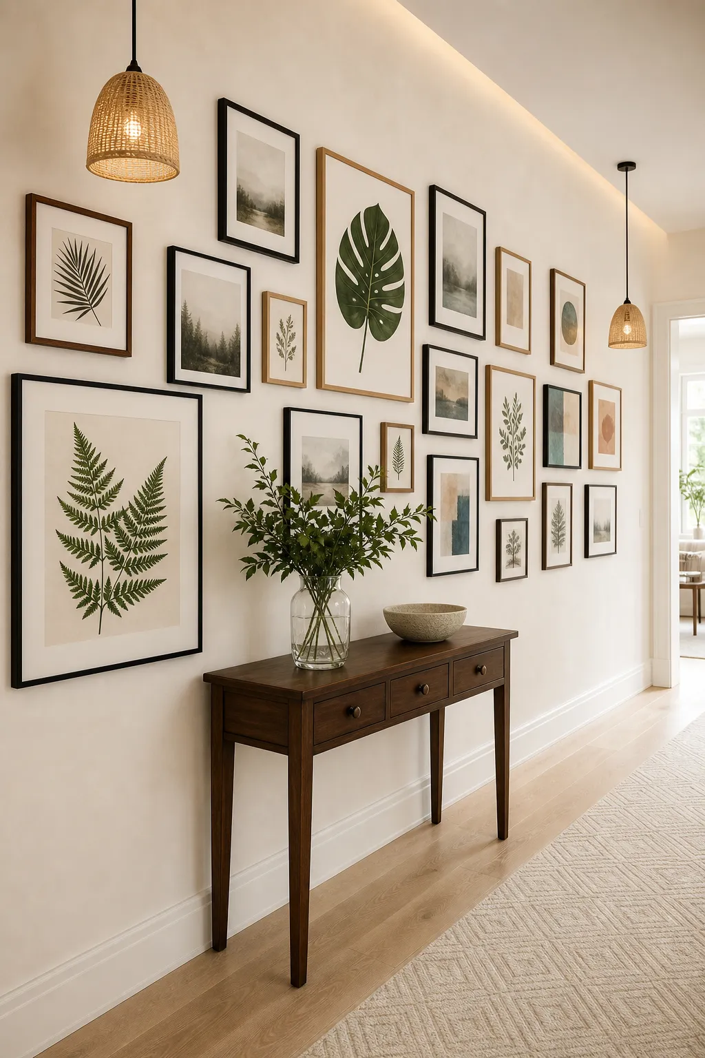 Hallway gallery wall featuring botanical prints arranged in matching frames