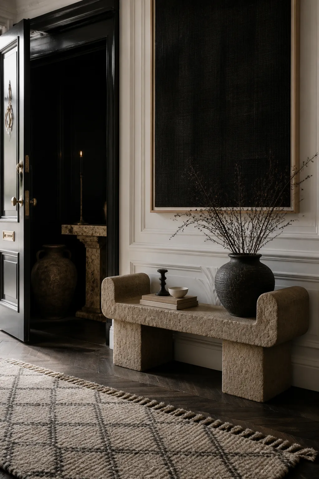 Moody entry hallway with a sculptural stone bench and dark walls