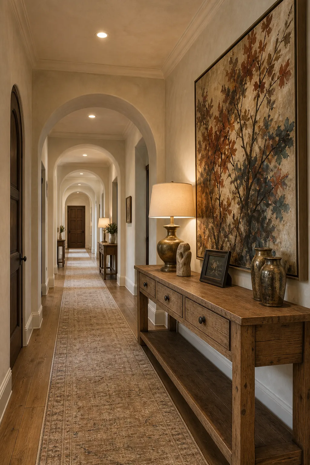 Rustic wood console positioned beneath an elegant arched hallway opening