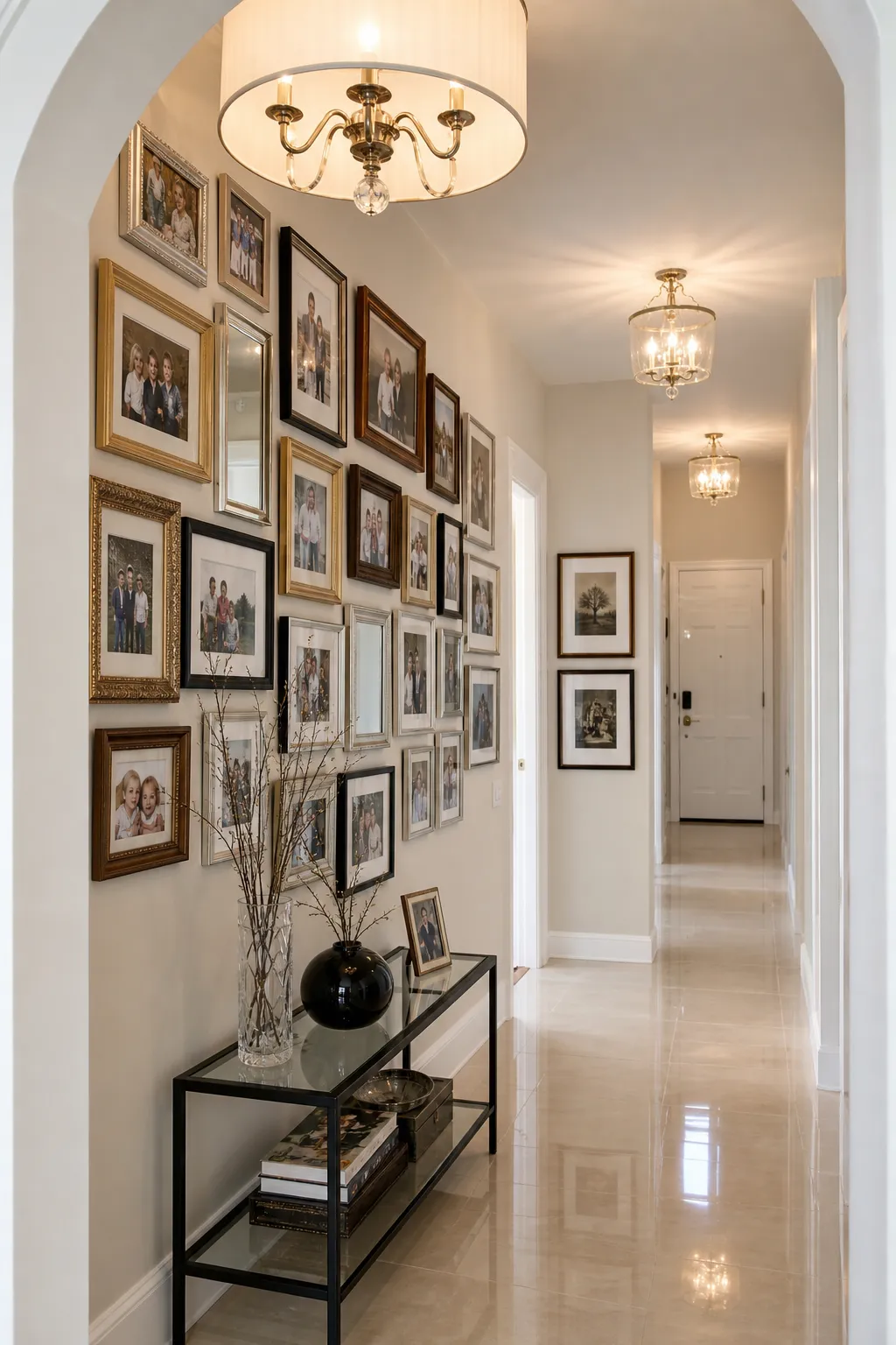 Family photographs displayed in consistent frames along a hallway wall
