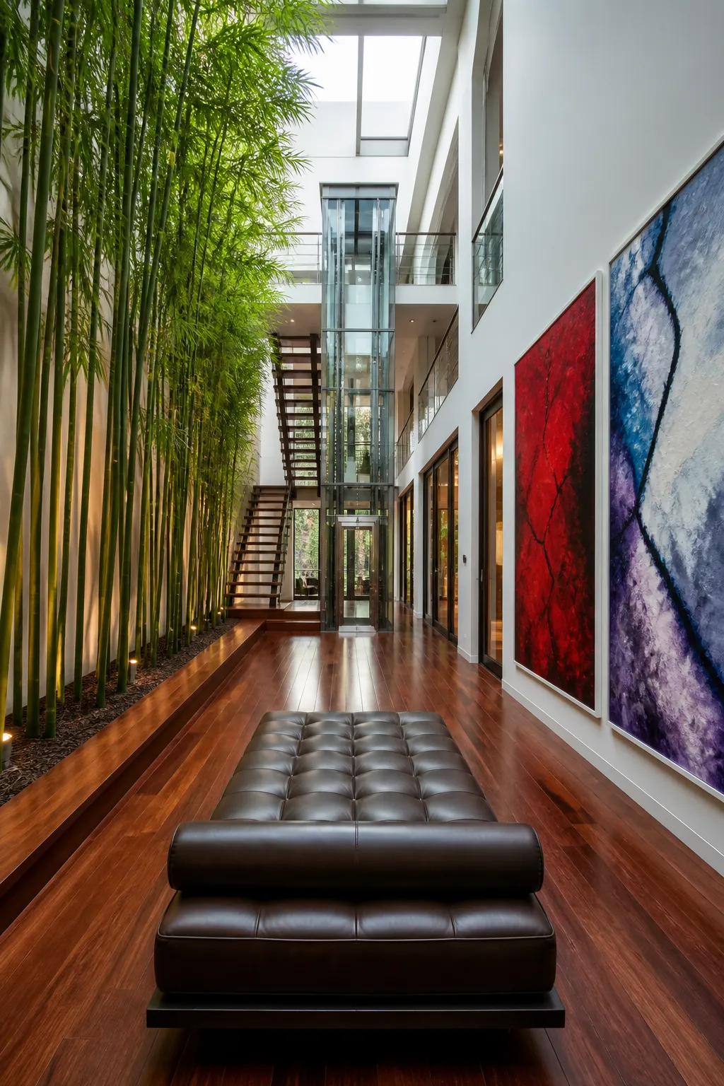 Modern interior atrium filled with tall bamboo and natural daylight