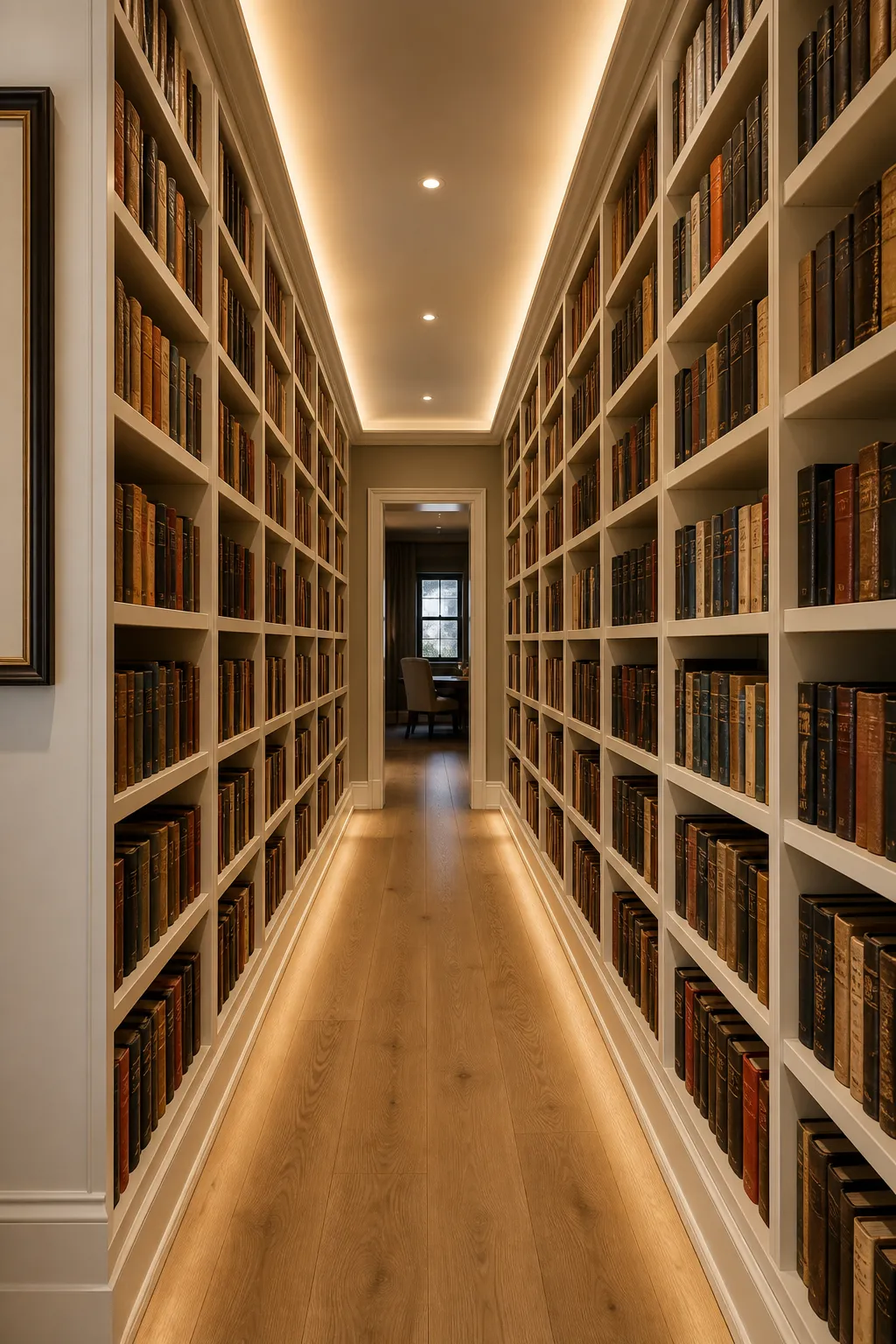 Inviting library hallway lined with warm wood built-in bookshelves