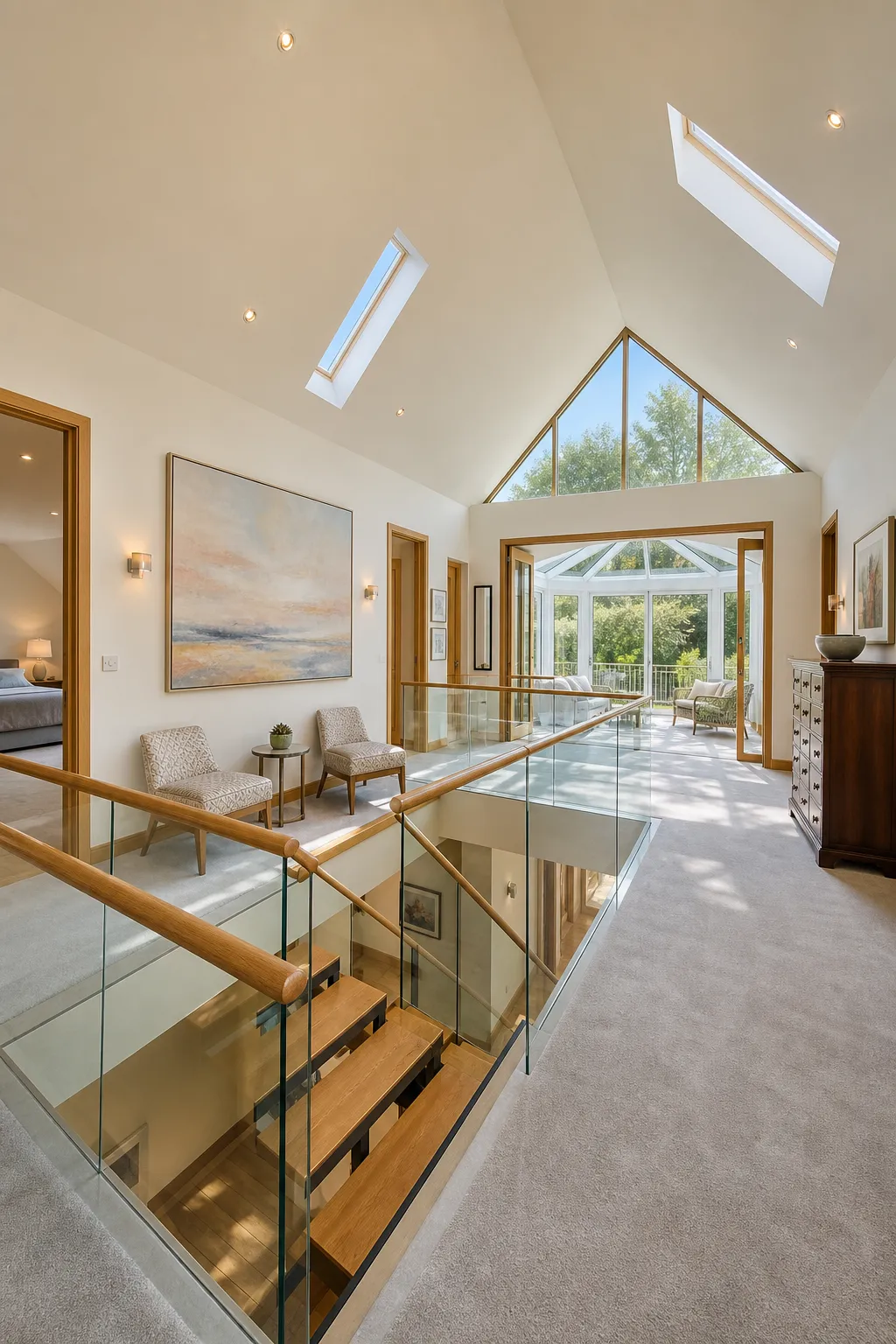 Bright upstairs landing with a vaulted ceiling and abundant natural light
