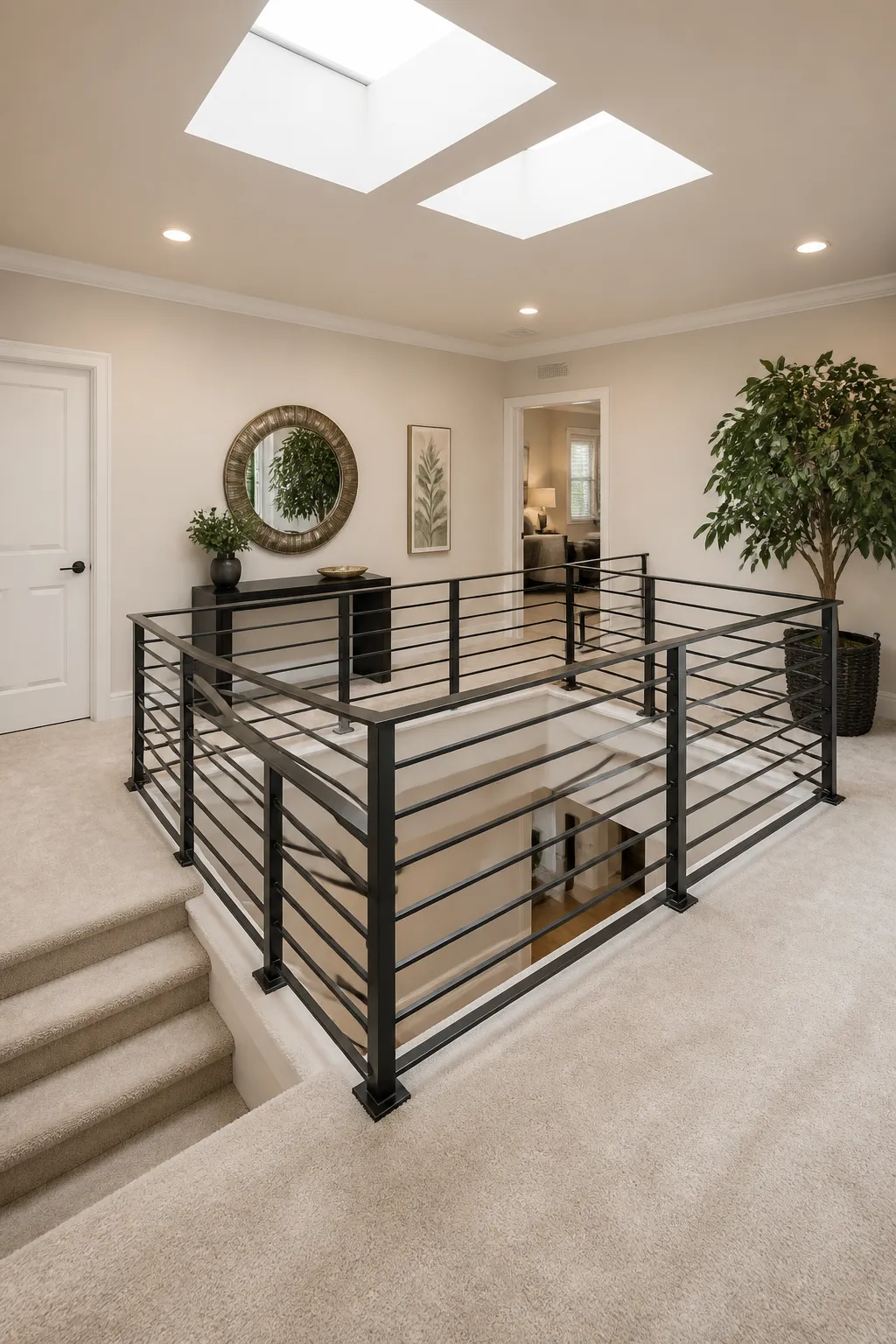 Modern upper landing with leafy plants arranged beneath a skylight