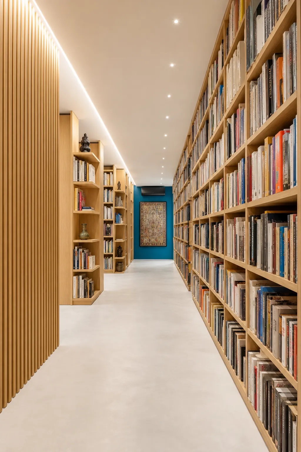 Streamlined contemporary corridor with integrated library shelving