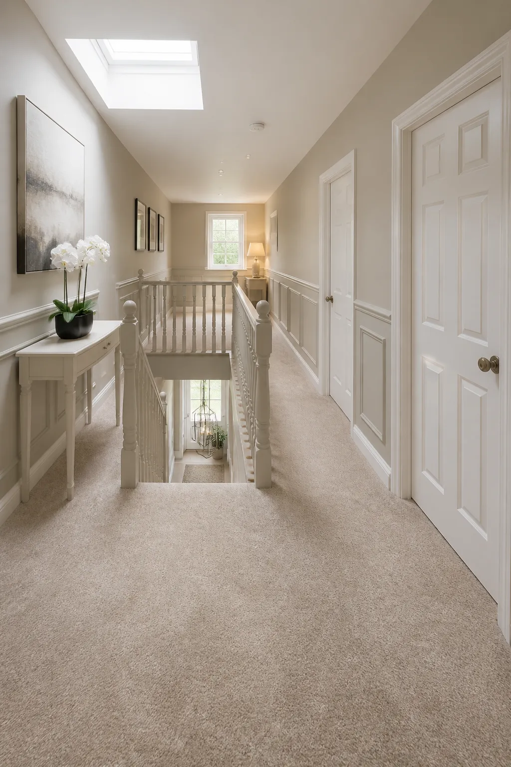 Classic upstairs landing furnished with a chair, side table, and framed artwork
