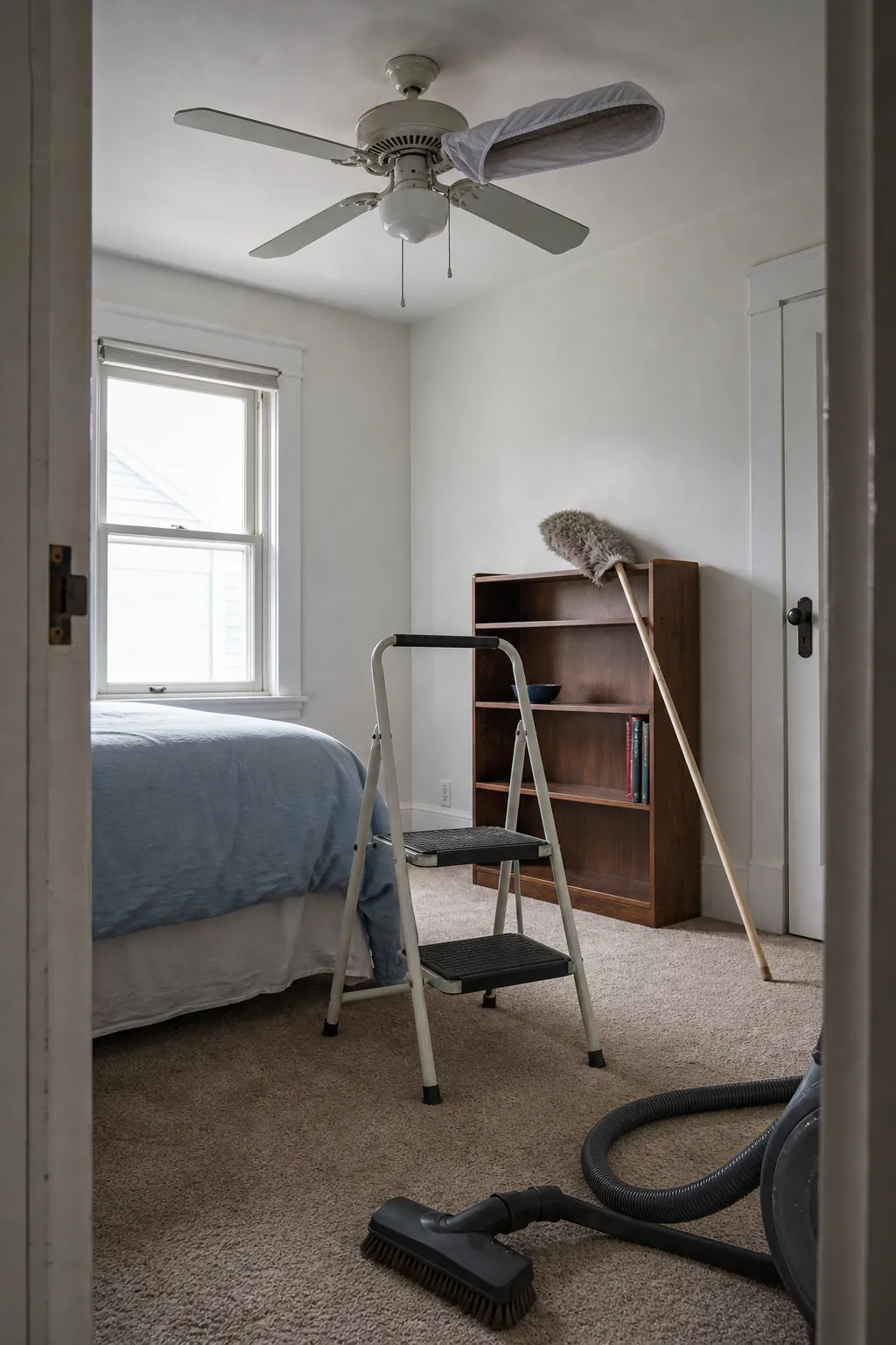 Bedroom being dusted from a ceiling fan down toward shelves and baseboards