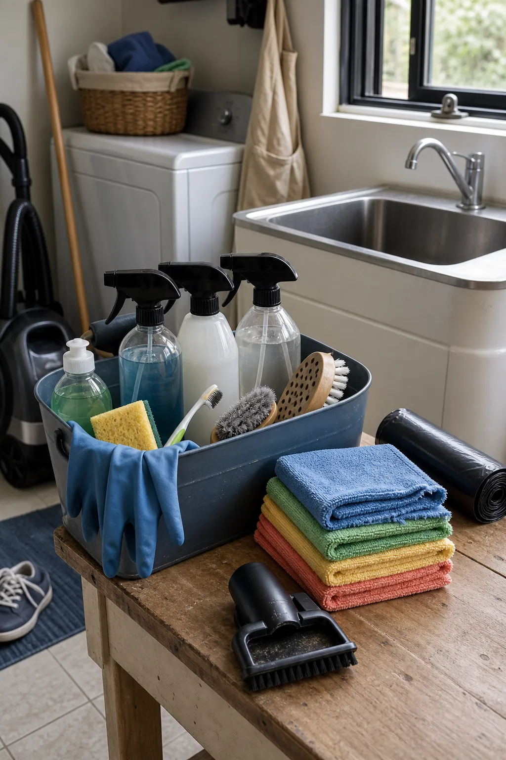 Organized deep cleaning supplies in a portable caddy beside microfiber cloths