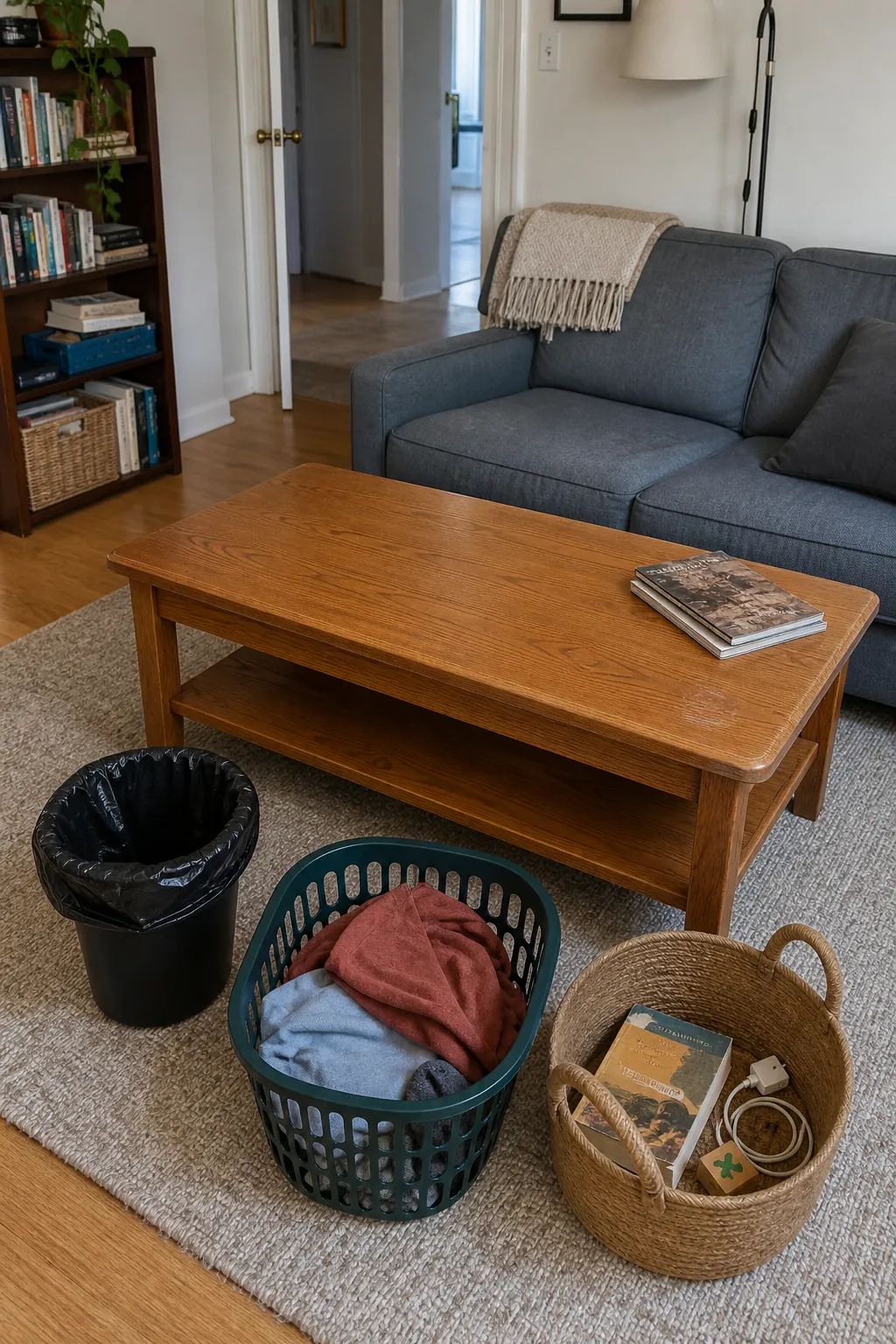 Living room decluttering setup with sorted baskets and a cleared coffee table