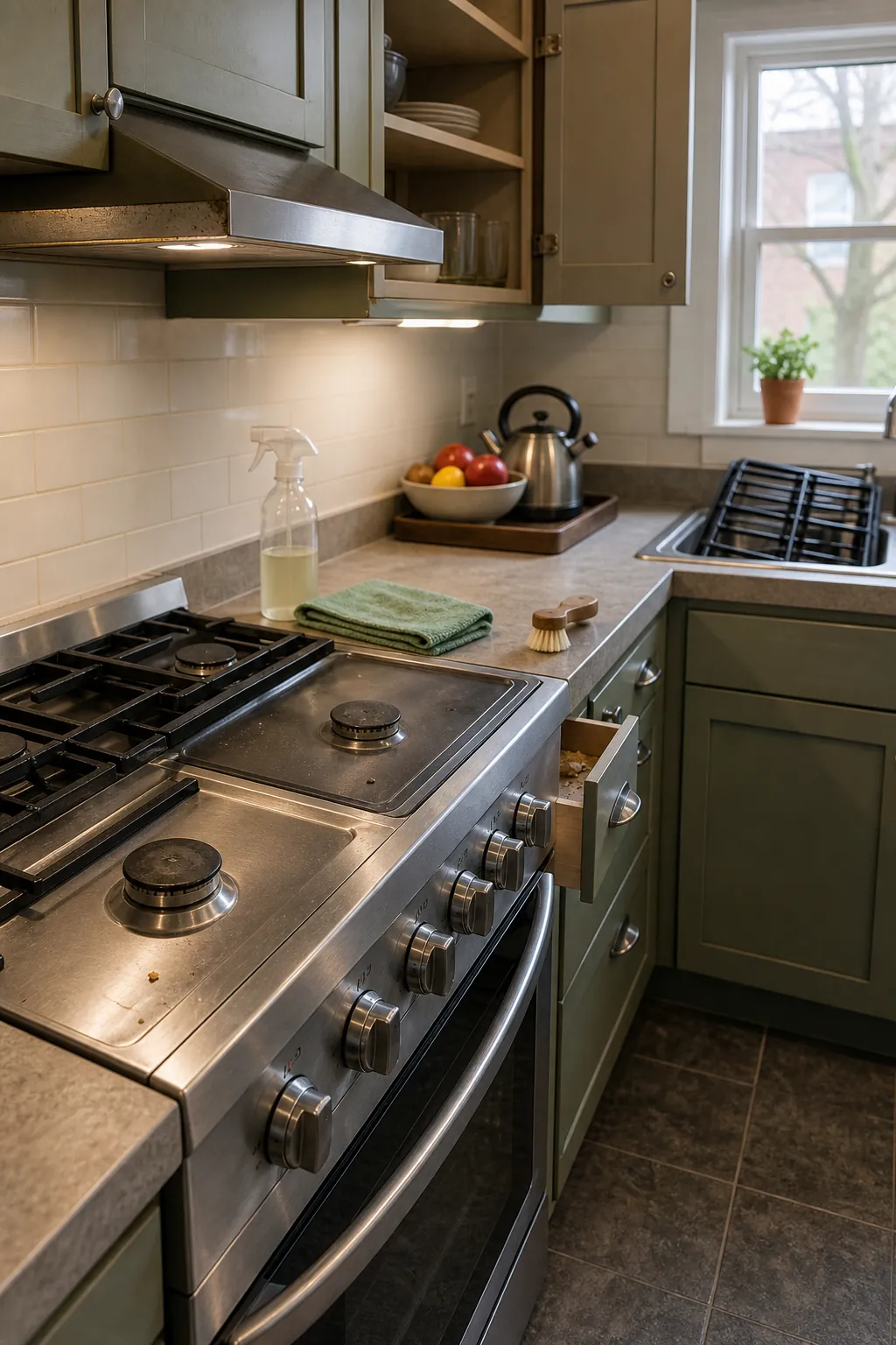 Detailed kitchen deep cleaning around a stovetop and cabinet fronts