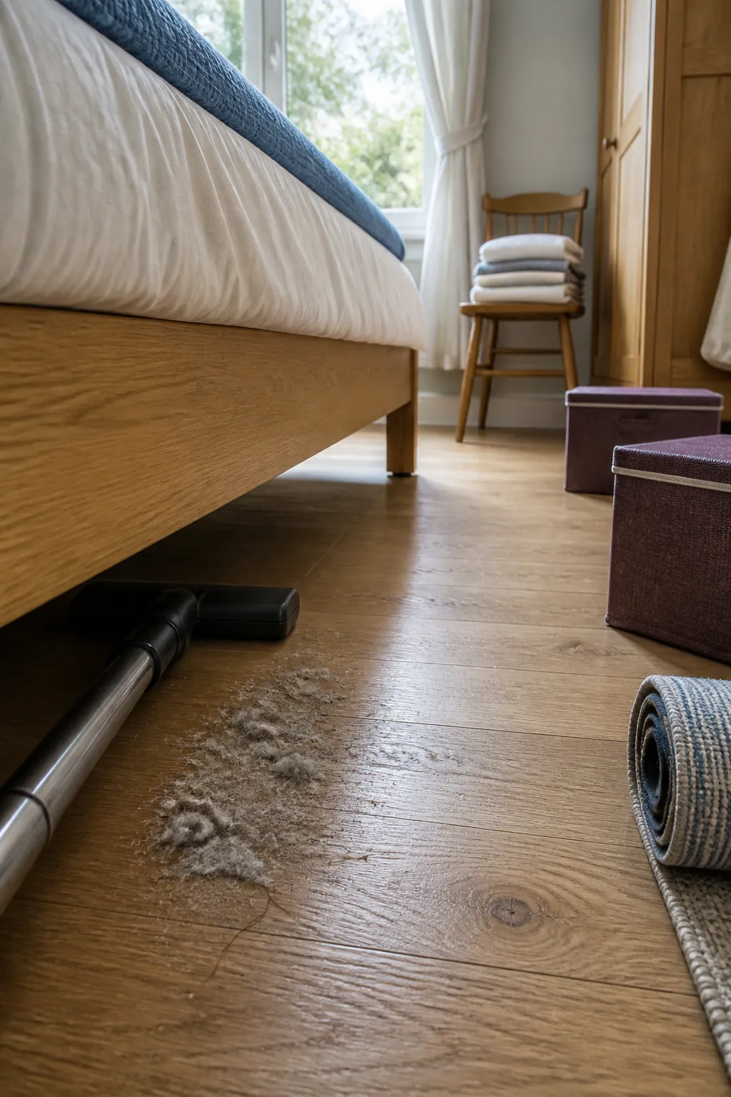 Vacuum cleaning a hidden dust zone beneath a neatly made bed