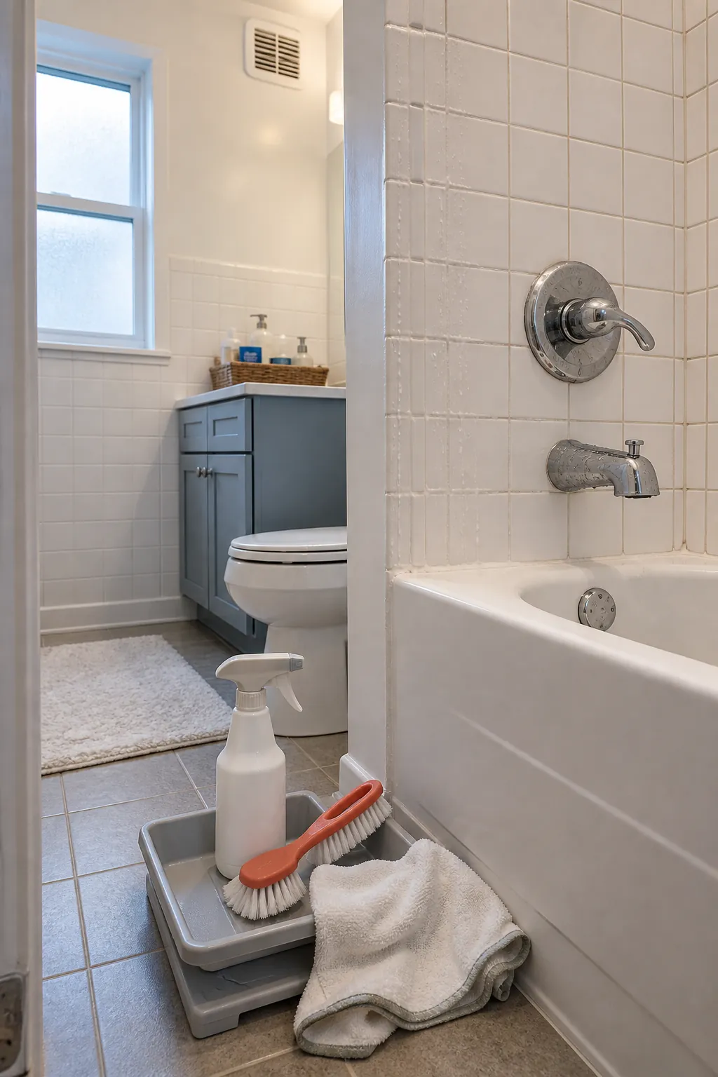 Bright bathroom deep clean showing detailed grout and chrome fixture care