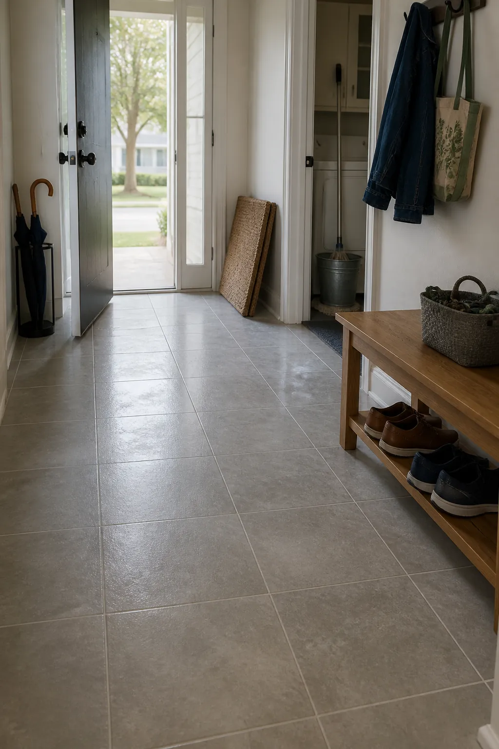 Freshly cleaned entryway floor with neatly reset everyday items
