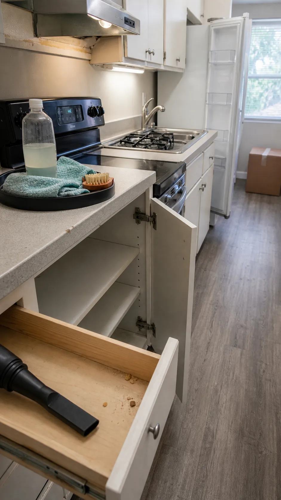 Empty rental kitchen being cleaned inside cabinets and appliances