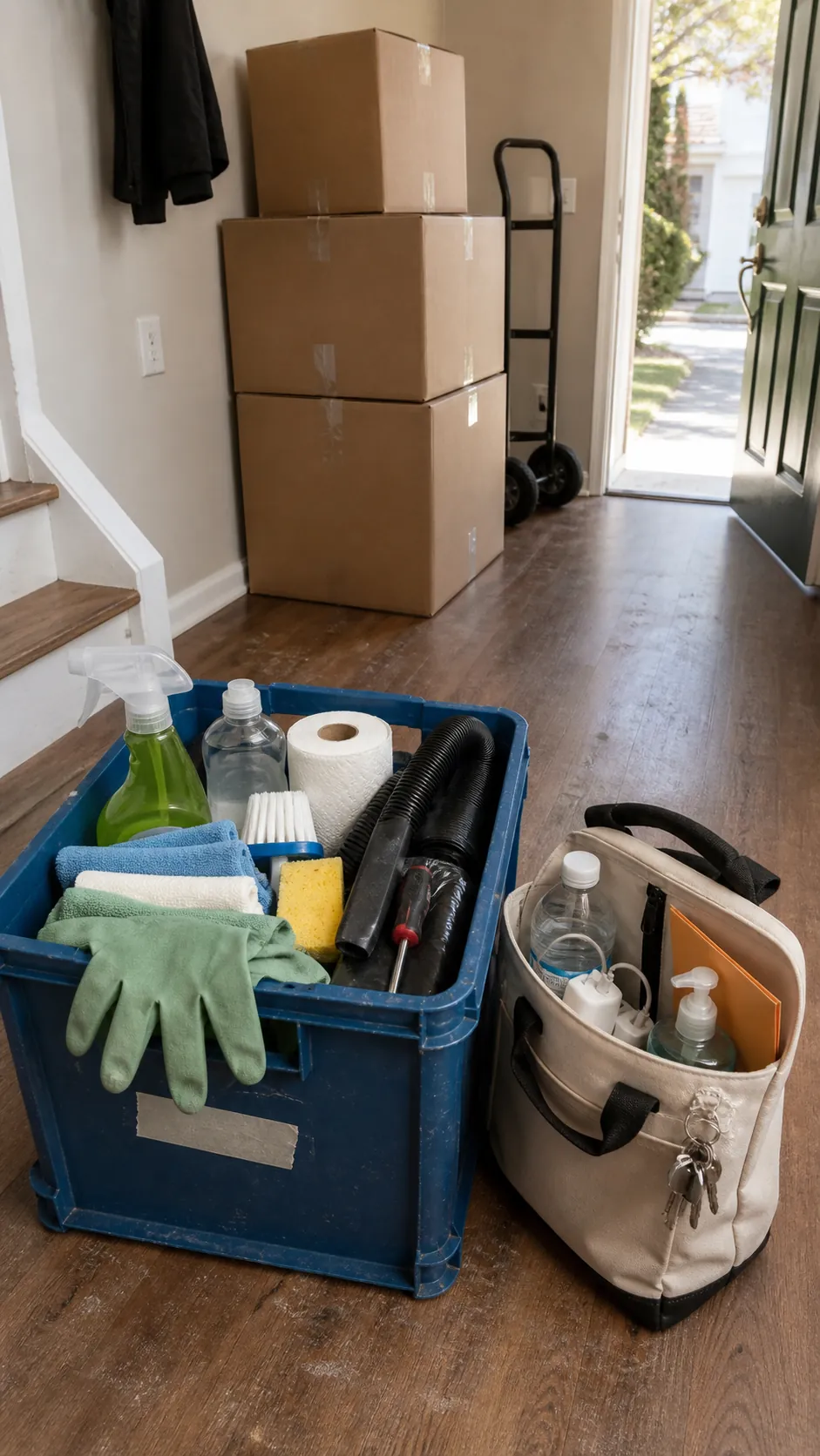 Labeled move-out cleaning box beside sealed moving cartons