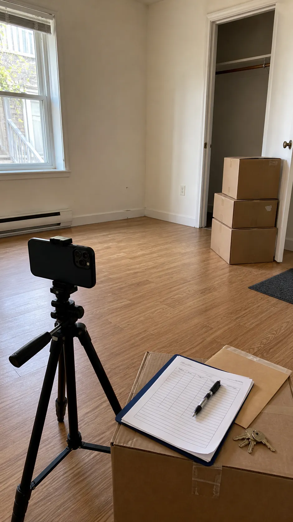 Empty apartment room documented with a phone before move-out cleaning