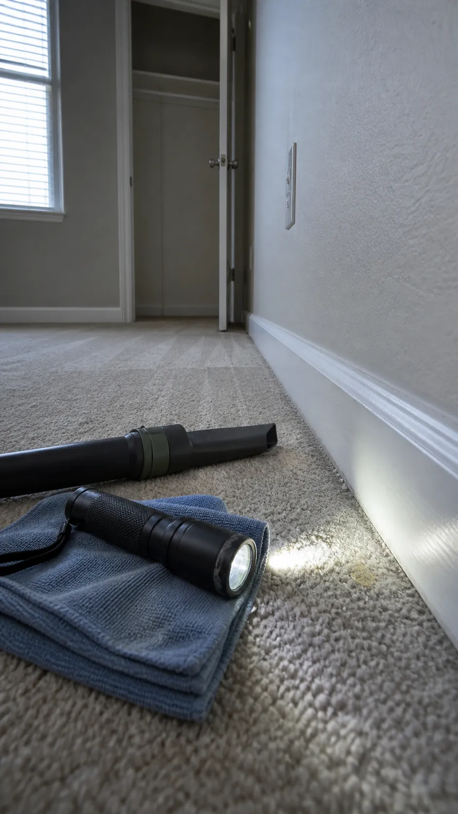 Low flashlight check revealing missed dust along an empty room baseboard