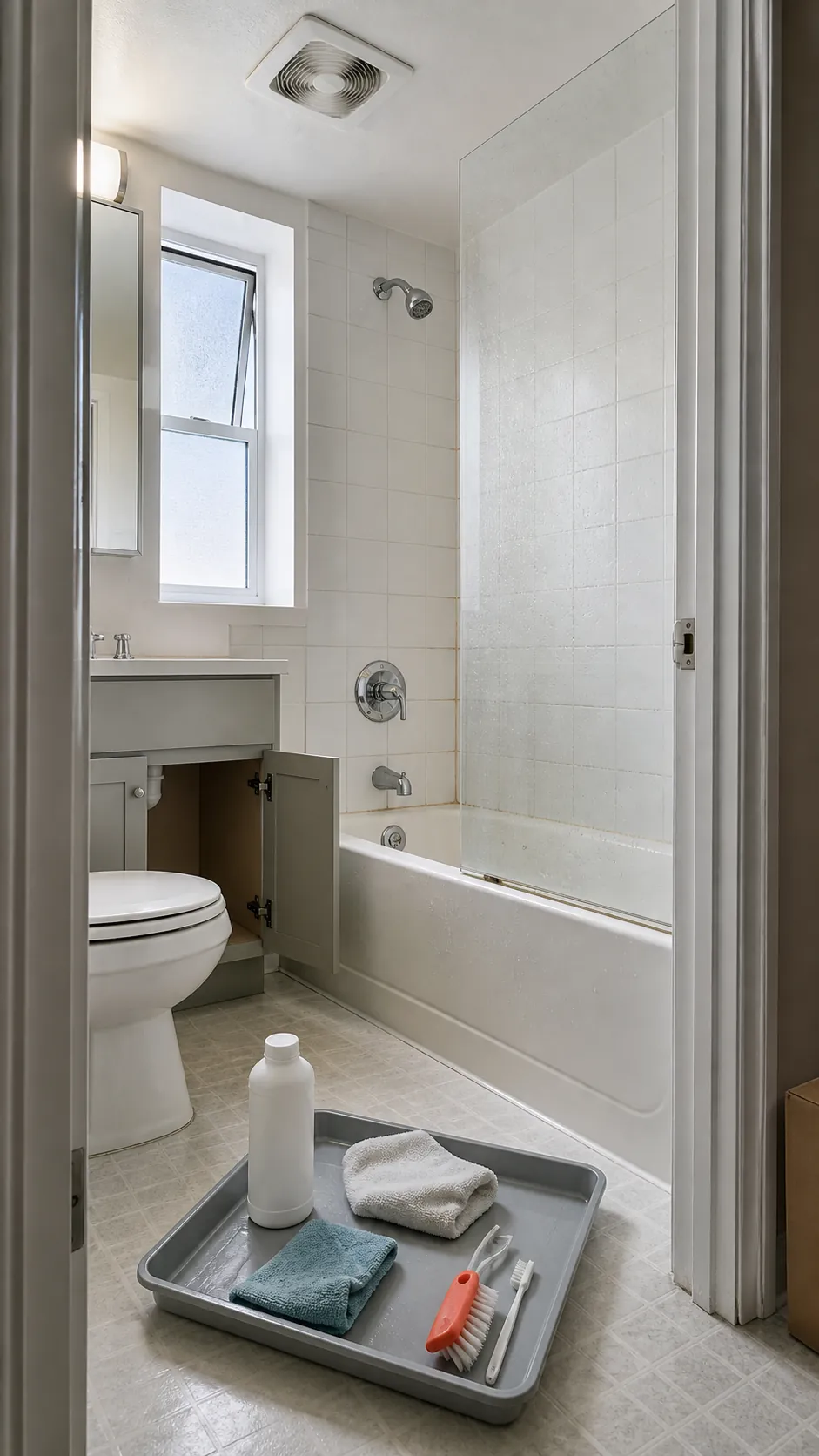 Small rental bathroom receiving a careful move-out detail clean