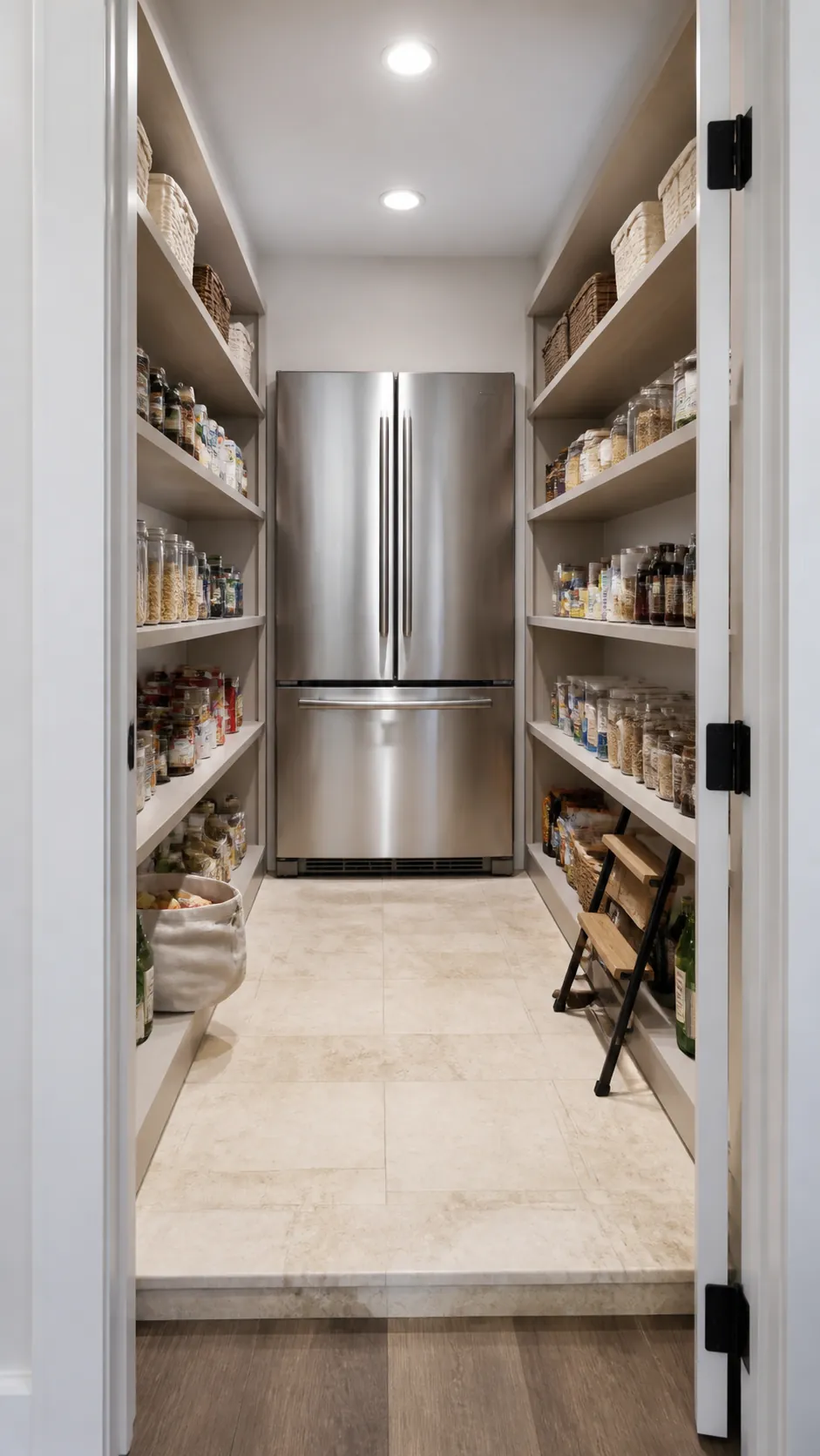 Walk-in pantry with a counter-depth refrigerator centered on the back wall