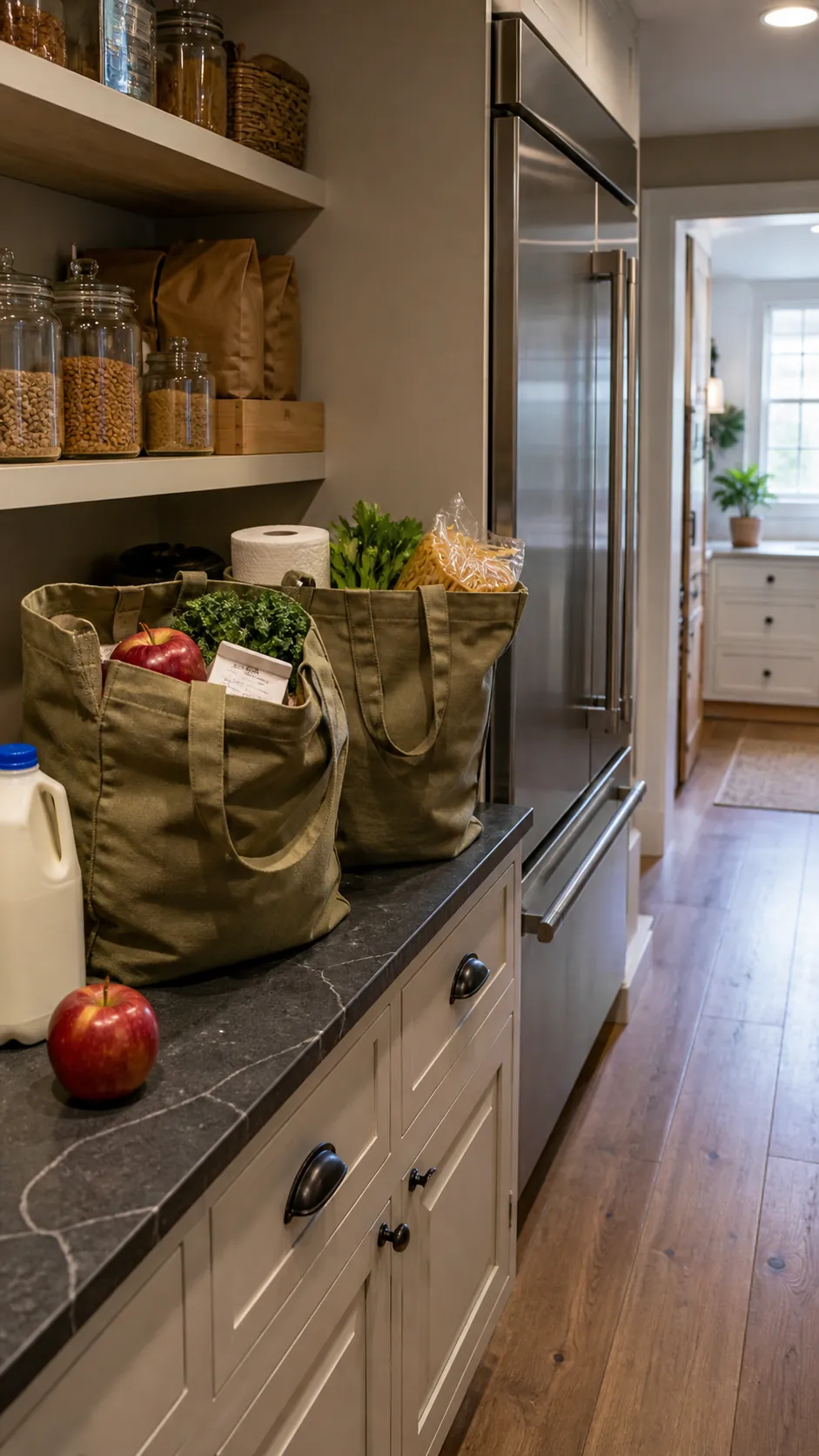 Pantry refrigerator next to a practical grocery unloading counter