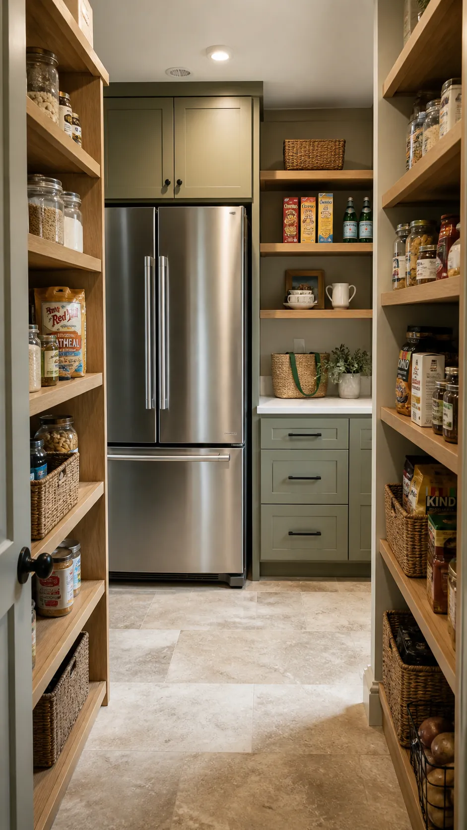 Elegant walk-in pantry with refrigerator and practical storage layout
