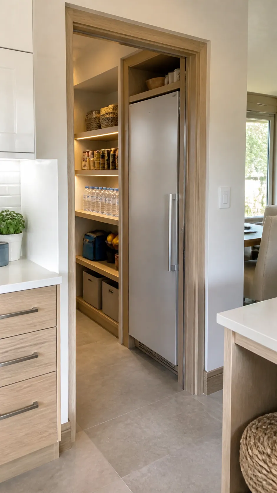 Walk-in pantry layout with refrigerator beside the entrance and clear aisle
