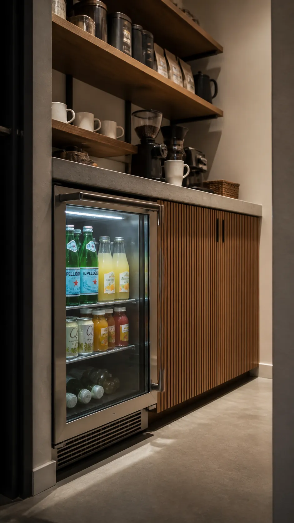 Small undercounter beverage refrigerator in a walk-in pantry