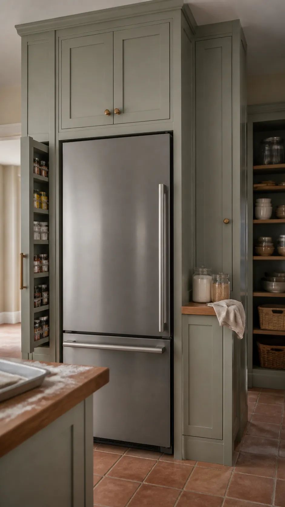 Tall refrigerator framed by floor-to-ceiling pantry cabinetry