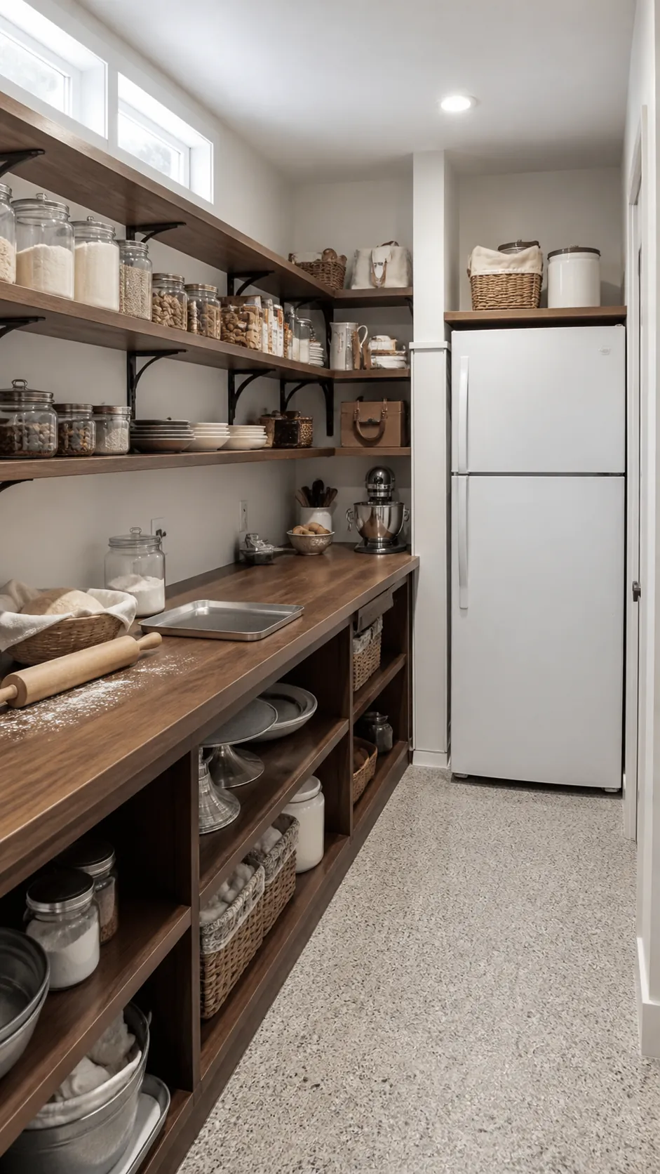 L-shaped walk-in pantry with a refrigerator on the short cabinet run