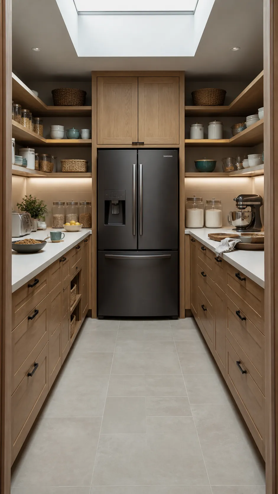 U-shaped walk-in pantry arranged around a centered refrigerator