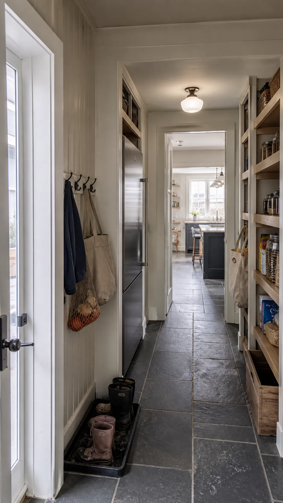 Walk-through pantry with refrigerator positioned midway between two entrances