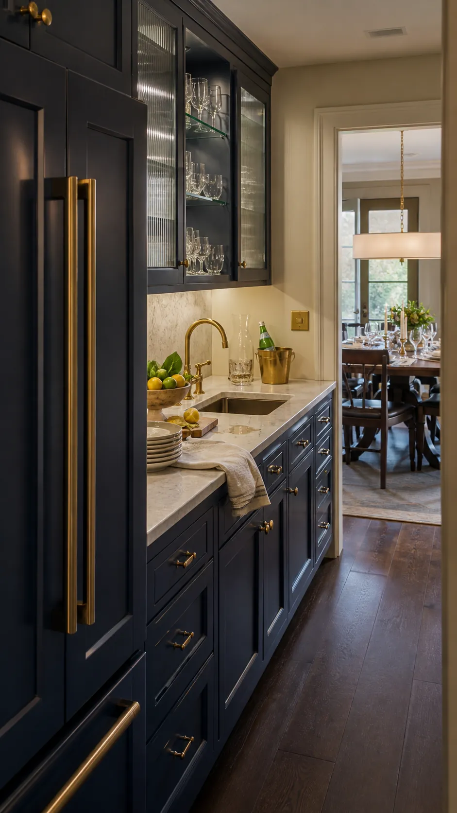 Butler's pantry layout with refrigerator sink and serving counter