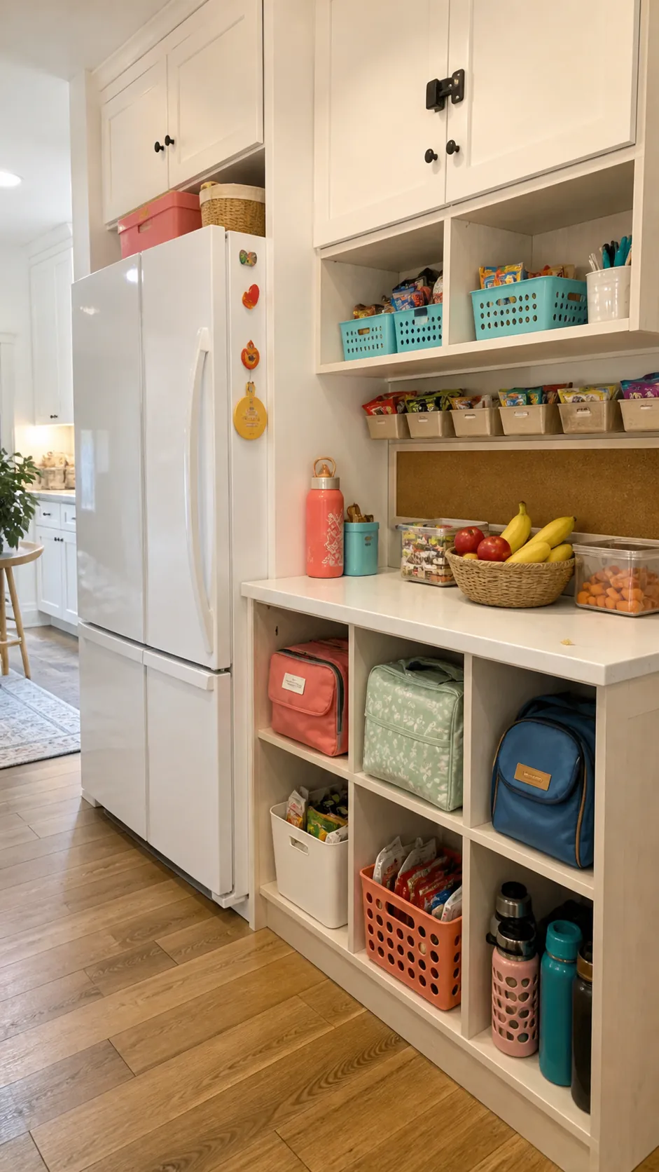 Family pantry snack station organized around an accessible refrigerator