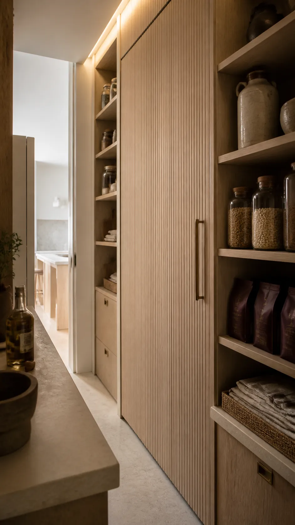 Hidden walk-in pantry with a panel-ready integrated refrigerator
