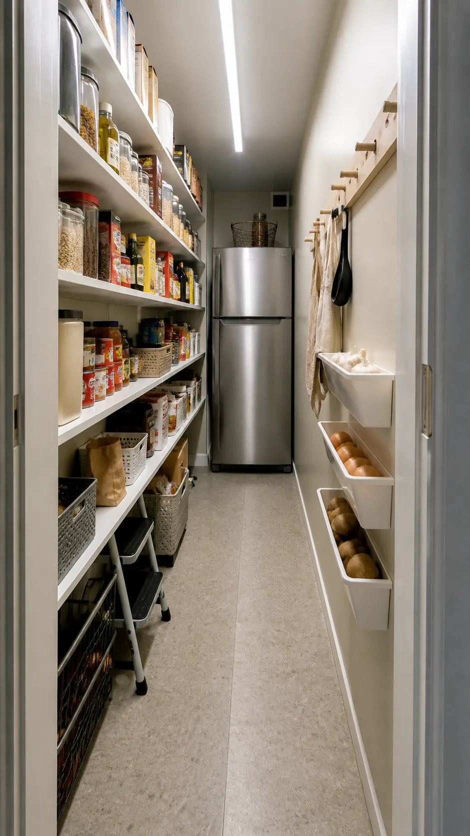 Narrow walk-in pantry with compact refrigerator at the far end