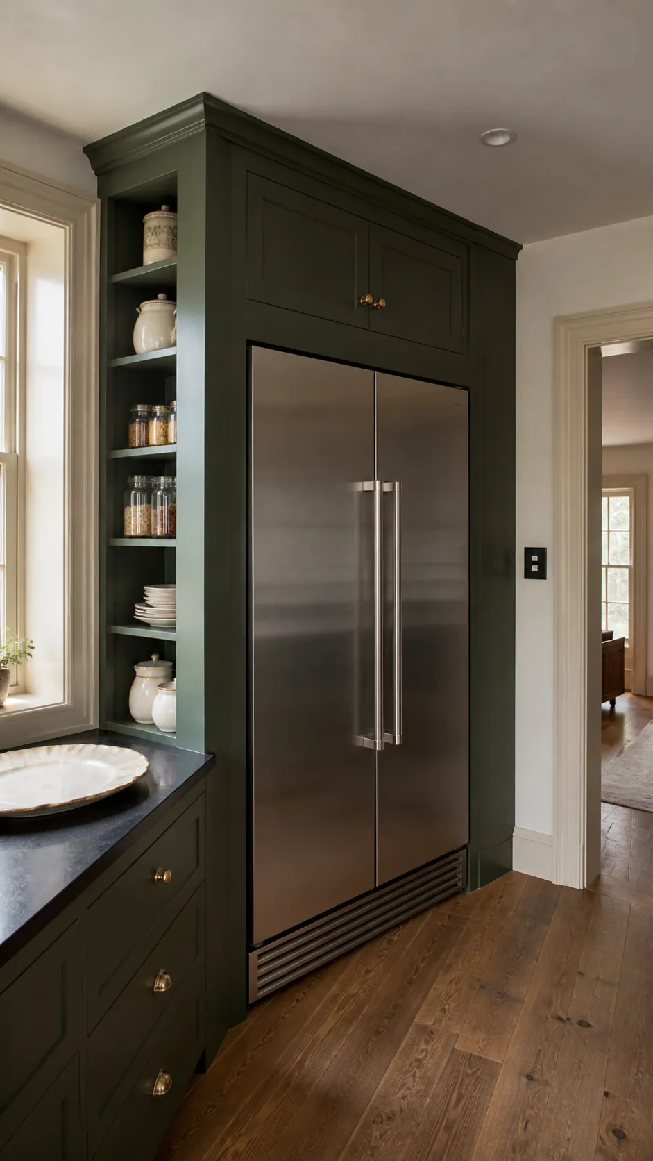 Corner pantry refrigerator aligned with a straight cabinet face