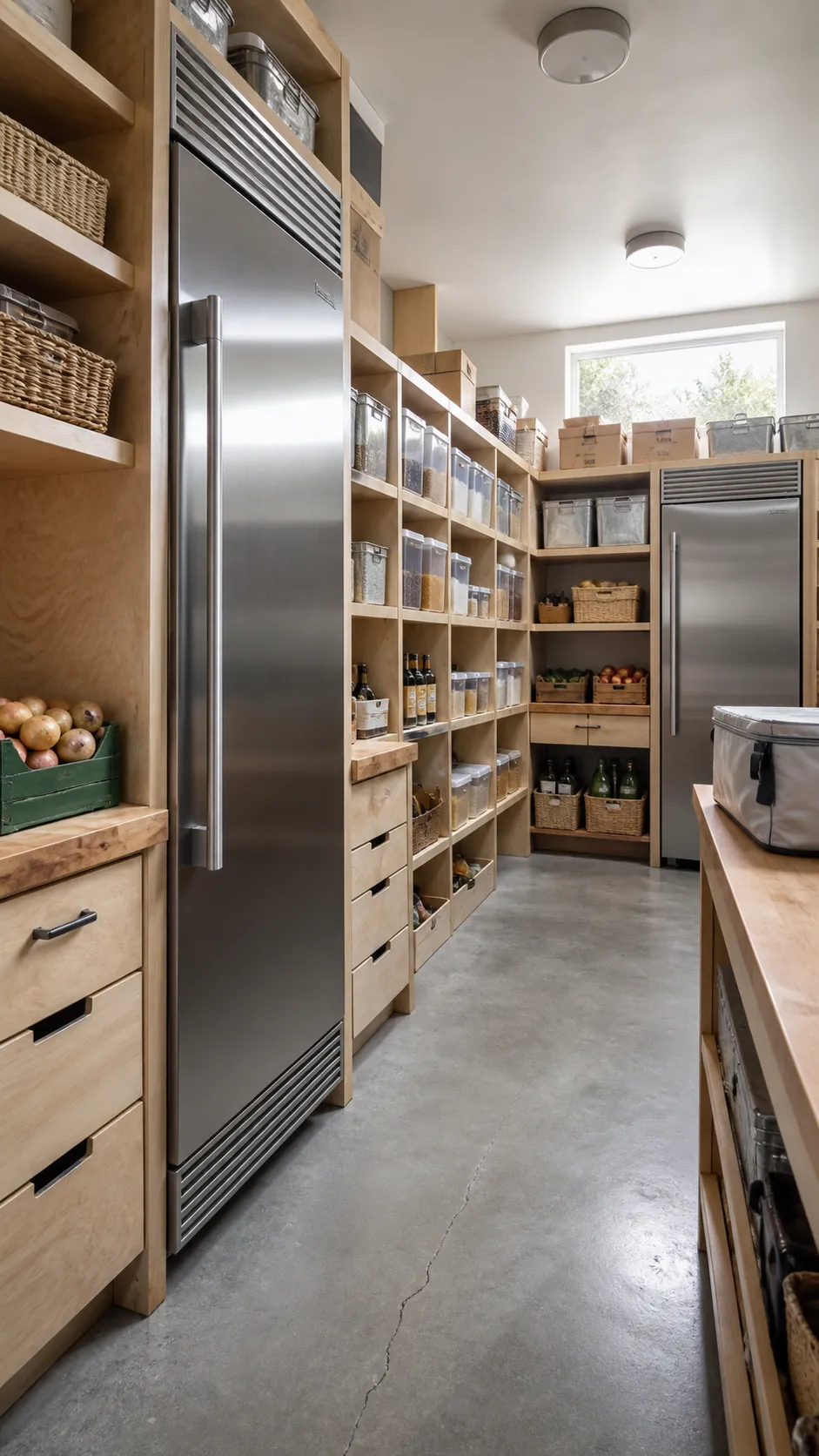 Large pantry with separate refrigerator and freezer on opposing walls