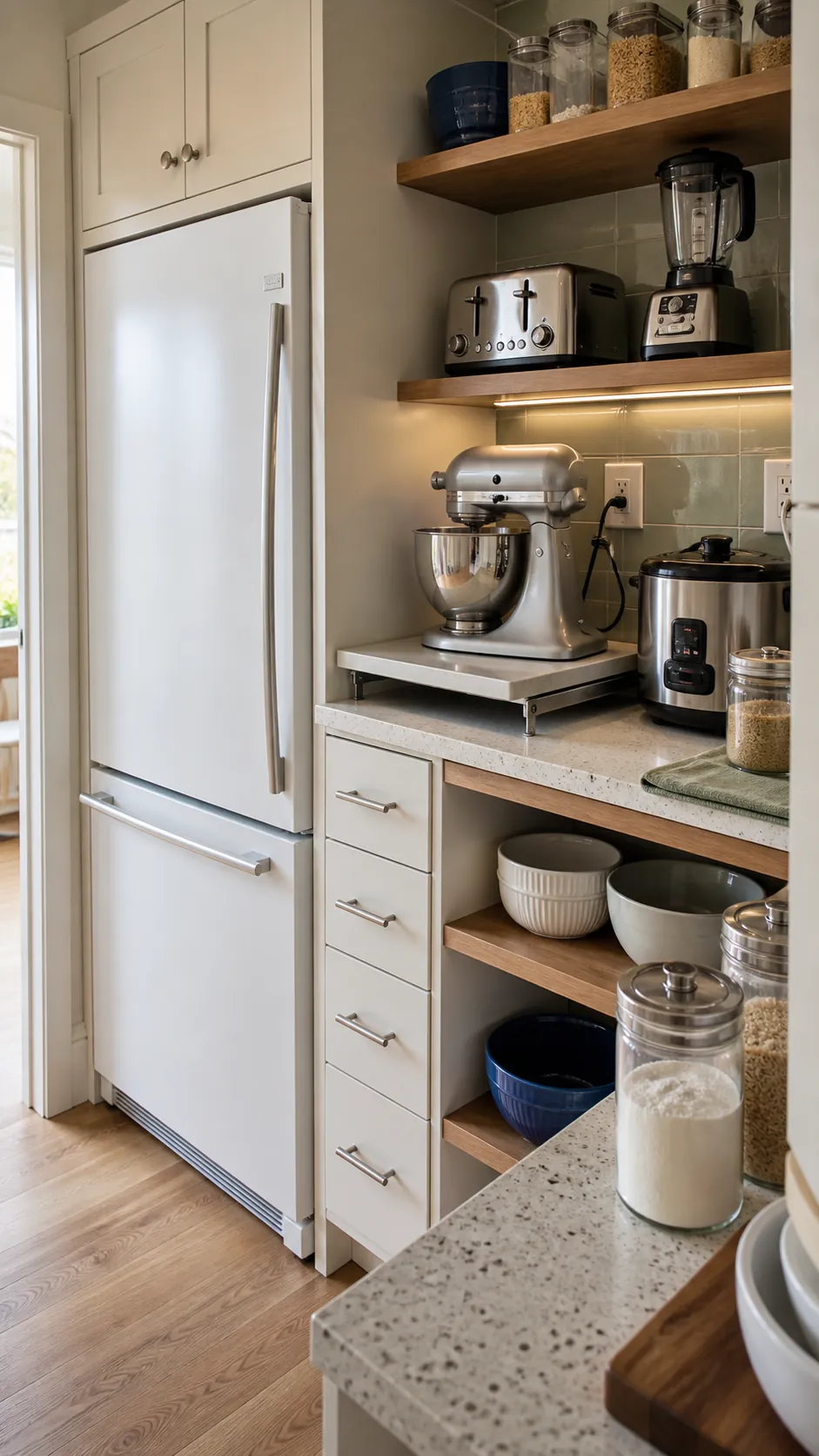 Walk-in pantry refrigerator beside shelves for frequently used appliances