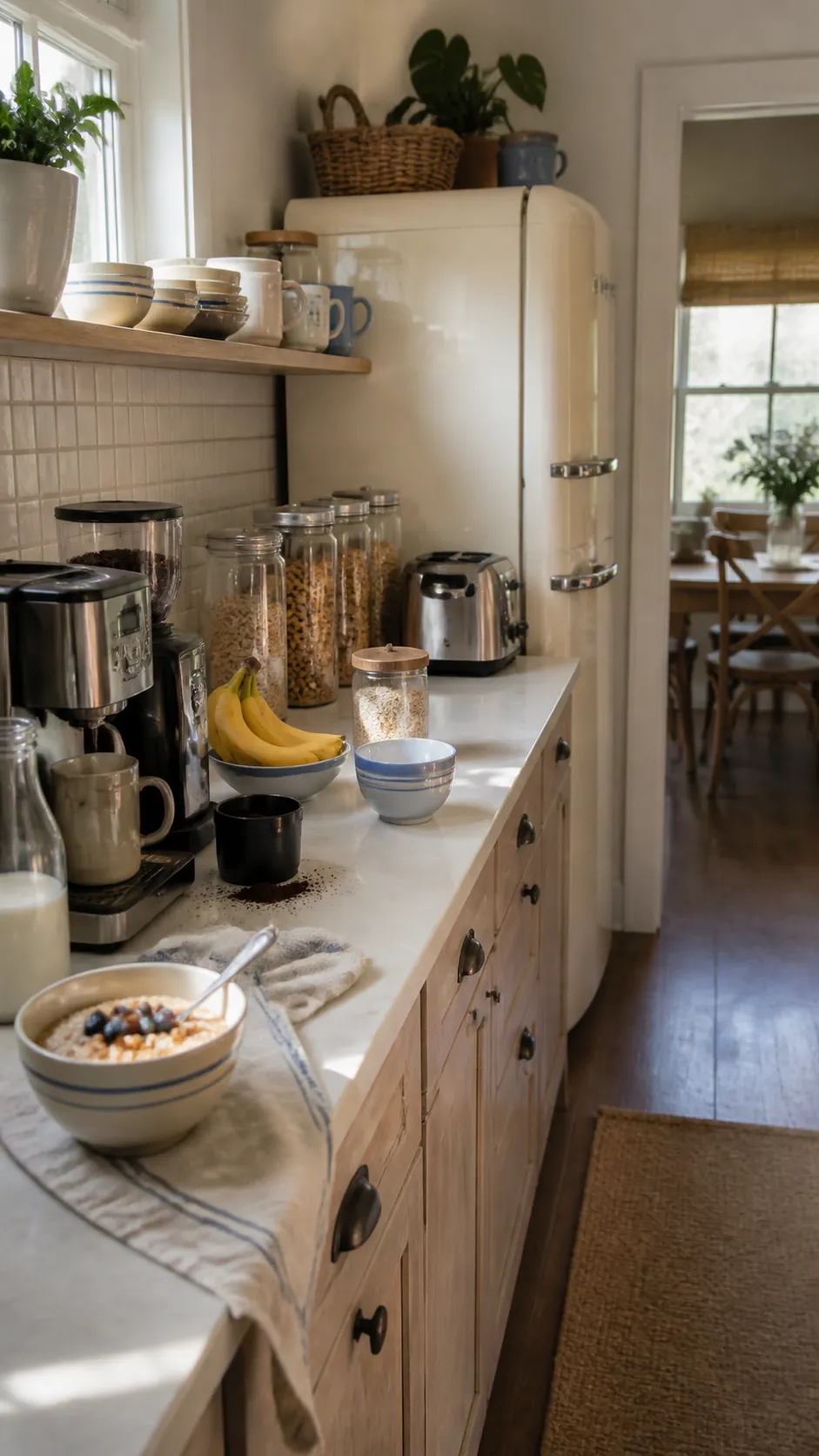 Breakfast pantry with dedicated refrigerator coffee setup and cereal storage